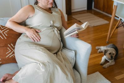 From above crop cheerful pregnant lady in casual dress sitting on comfortable couch and reading interesting book while dog lying nearby on parquet Vue de dessus d'une femme enceinte joyeuse en tenue décontractée assise sur un canapé confortable, lisant un livre intéressant tandis qu'un chien est allongé à proximité sur le parquet.