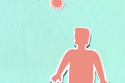 Appliqués en carton décoratif d'une personne sous des virus dangereux pendant la pandémie de coronavirus sur fond vert