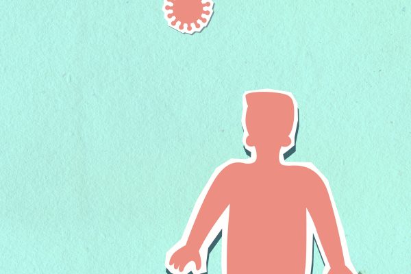 Appliqués en carton décoratif d'une personne sous des virus dangereux pendant la pandémie de coronavirus sur fond vert
